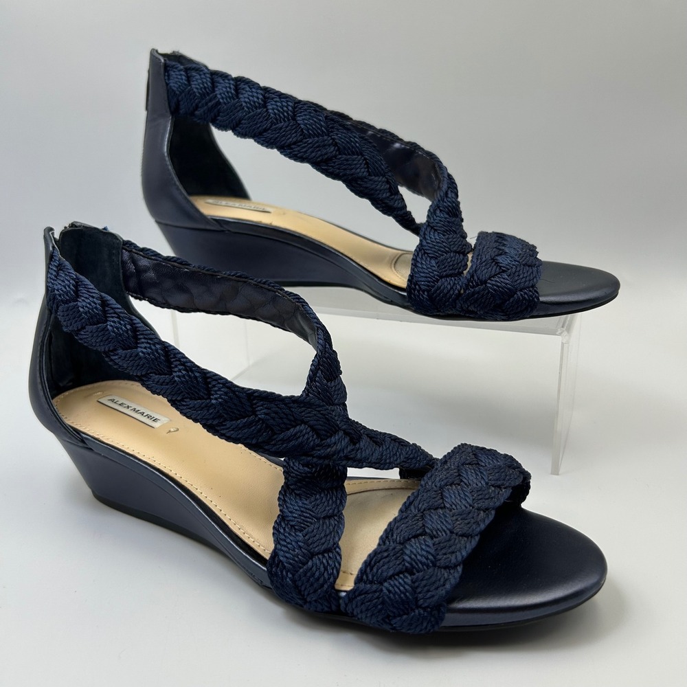 New Alex Marie Wedge Sandals Women 8.5M Navy Braided Rope Strappy Coastal Summer